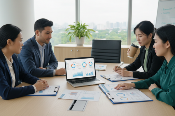 Corporate team reviewing ESG sustainability reports