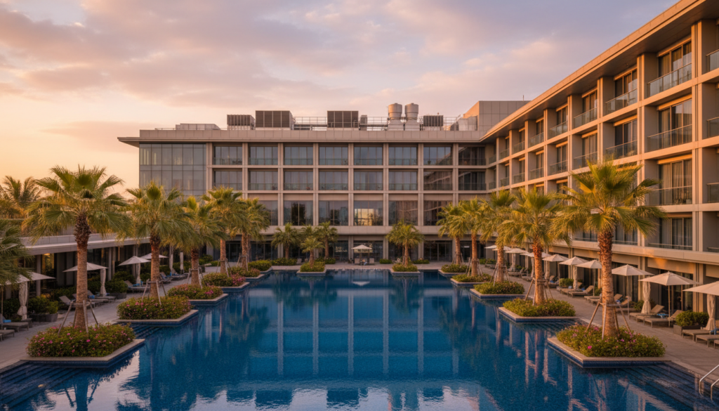 Hotel exterior with pool and rooftop cooling equipment