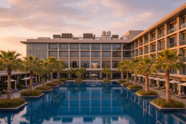 Hotel exterior with pool and rooftop cooling equipment