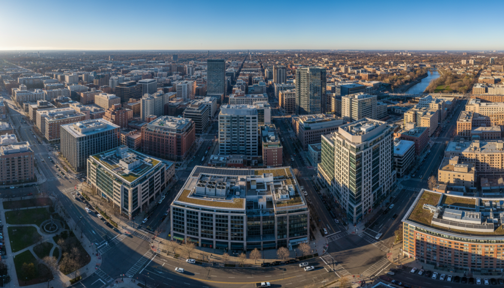 Aerial view of commercial real estate portfolio buildings