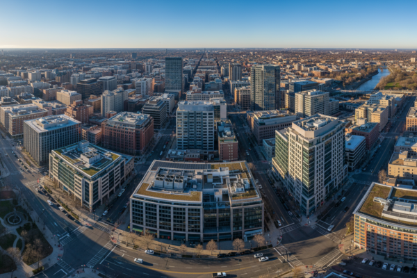 Aerial view of commercial real estate portfolio buildings