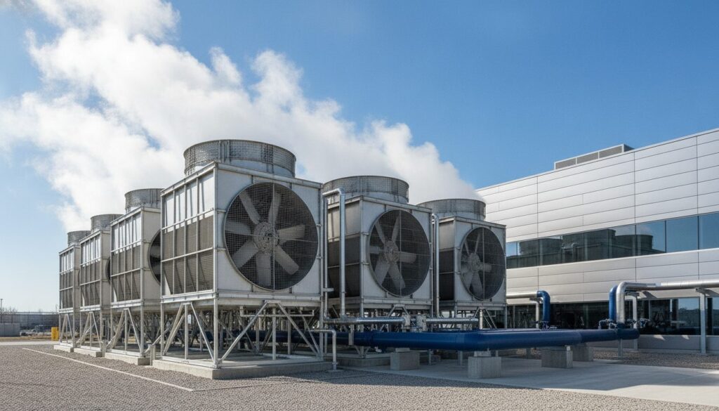 Cooling towers beside a data center releasing water vapor