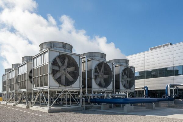 Cooling towers beside a data center releasing water vapor