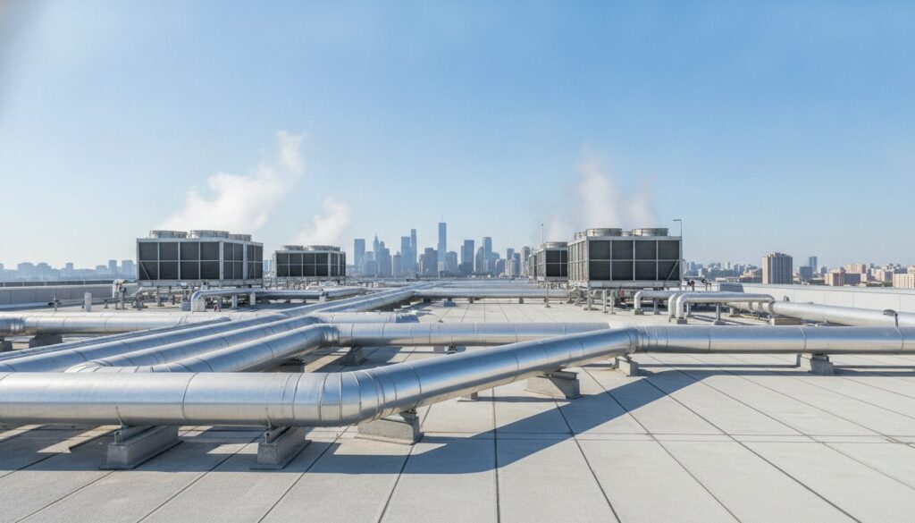 Rooftop cooling towers and insulated water pipes on a data center