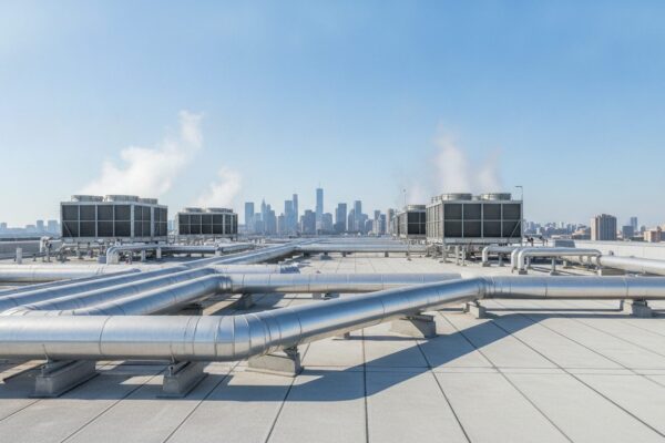 Rooftop cooling towers and insulated water pipes on a data center