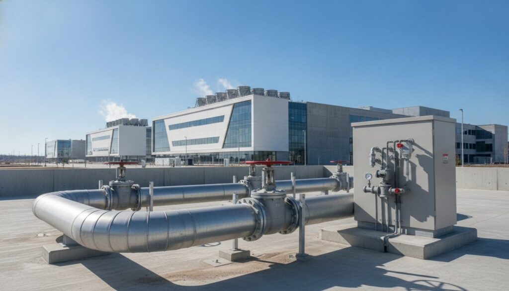 Industrial water main, valves and meter cabinet outside a data center