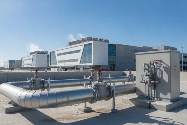 Industrial water main, valves and meter cabinet outside a data center