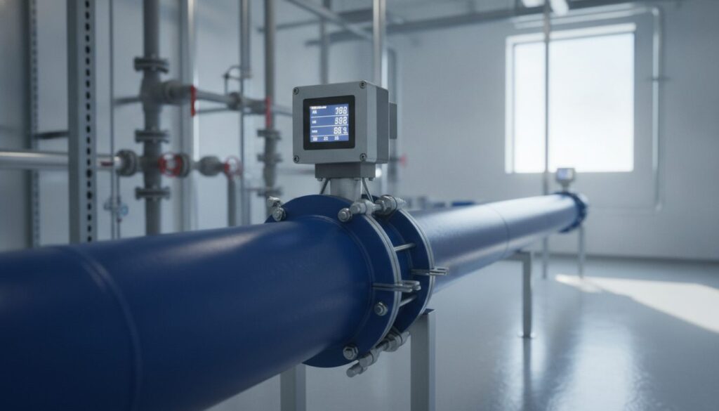 Inline water flow meter with a digital display on a pipe in a data center mechanical room