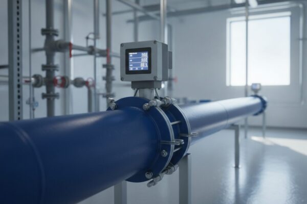 Inline water flow meter with a digital display on a pipe in a data center mechanical room