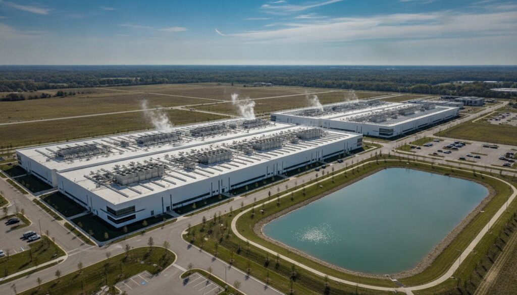 Aerial view of a hyperscale data center campus with rooftop cooling equipment and a retention pond