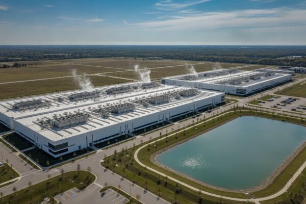 Aerial view of a hyperscale data center campus with rooftop cooling equipment and a retention pond