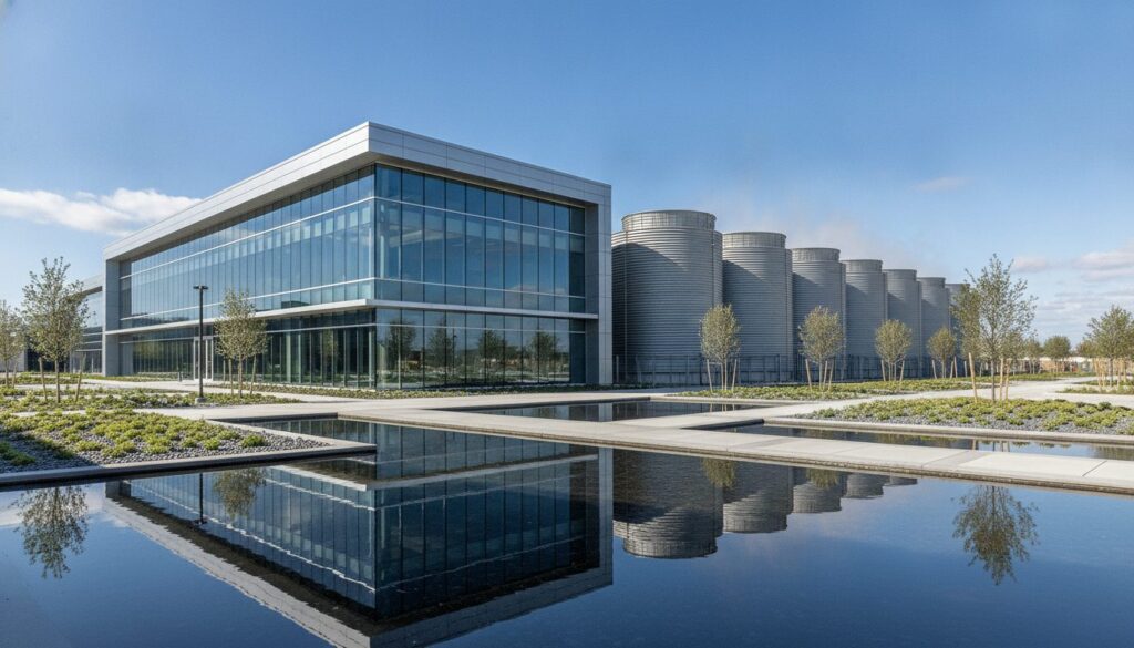 Modern data center building with a row of cooling towers and a reflecting pool