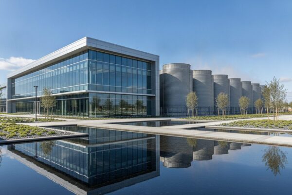 Modern data center building with a row of cooling towers and a reflecting pool